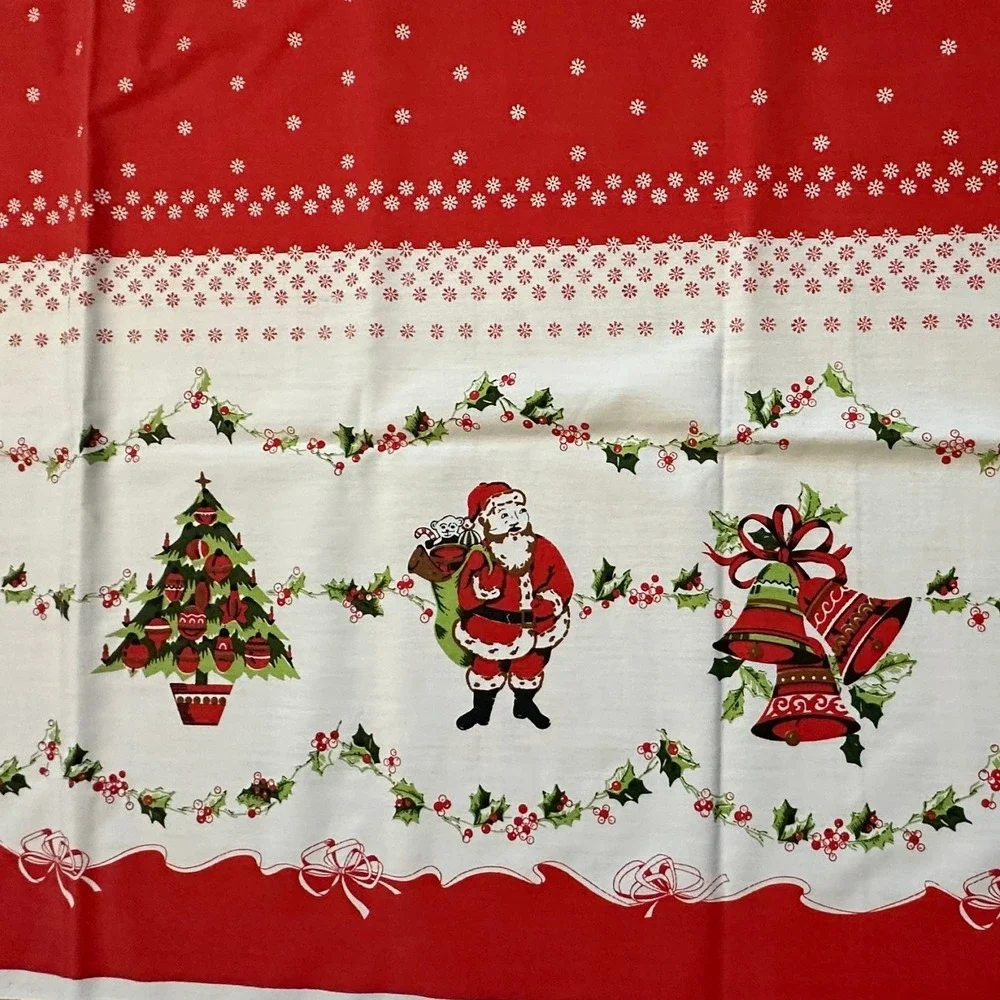 Vintage Christmas Tablecloth Santa Claus Tree Bell Red White Holiday 72x60
